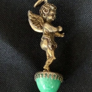 RARE Vintage Cherub On Green Art Glass Cabochon Pendant Bronze 1920s image 5