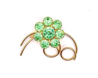 Vintage Green Rhinestone Flower Brooch Pin - Gold Tone