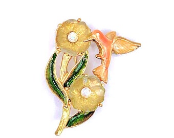 Pretty Vintage Coral Hummingbird w/Flowers Brooch Pin - Aurora Borealis Rhinestones