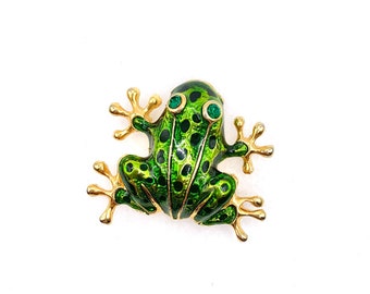 Vintage Green Enamel Frog w/Rhinestone Eyes - Frog Prince!