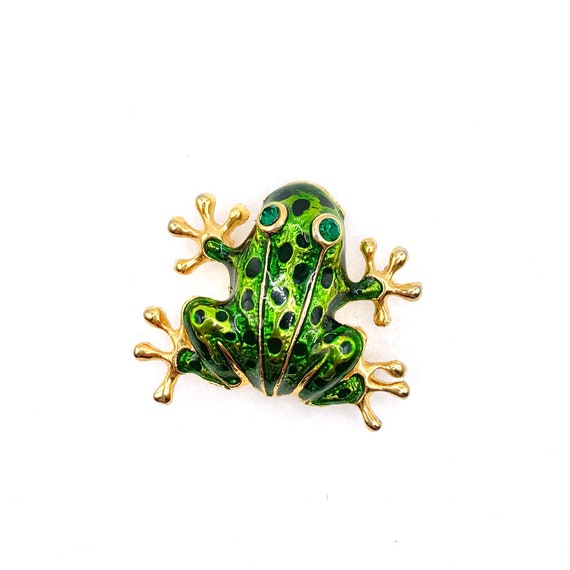 Vintage Green Enamel Frog w/Rhinestone Eyes - Fro… - image 1