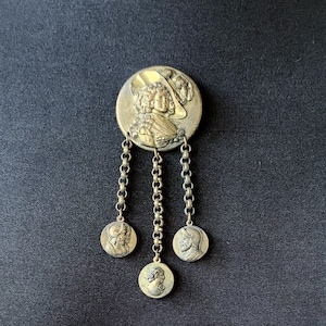 Vintage Brass Disc Portrait Repousse Brooch Pin with Dangles - Late 1930s to Mid-1940s