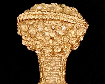 Vintage Avon Flower Basket Solid Perfume Brooch/Pin - Gold Tone w/Rhinestones