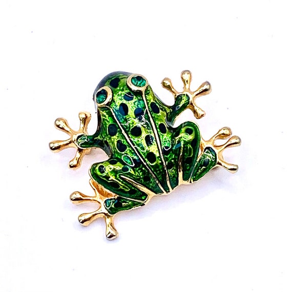 Vintage Green Enamel Frog w/Rhinestone Eyes - Fro… - image 2