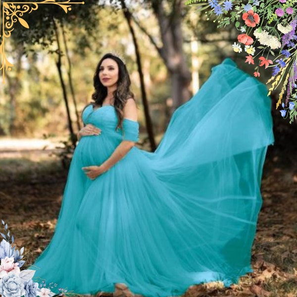 Sky Blue Off Shoulder Maternity Dress Casual High Neck Dress  Dress For Baby Shower Prop Split Front Pregnant Women Maxi Gown