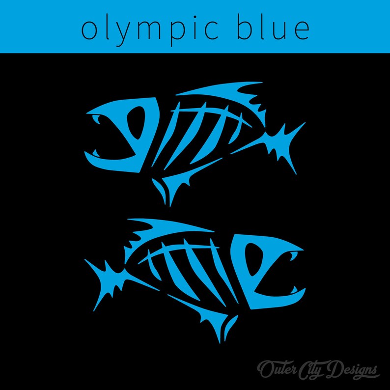 May include: Two stylized fish skeletons in a bright blue color against a black background. The text "Outer City Designs" is at the bottom of the image.