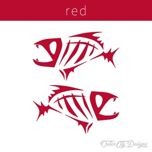 May include: Two red fish skeletons, stylized and abstract, with a white background. The word "red" is written in white at the top of the image.