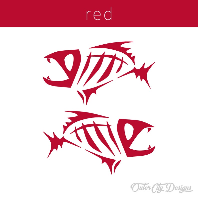 May include: Two red fish skeletons, stylized and abstract, with a white background. The word "red" is written in white at the top of the image.