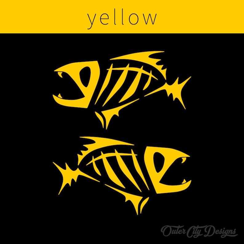 May include: Two yellow fish skeletons on a black background. The word "yellow" is written in white at the top of the image.
