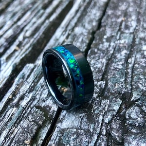 Black ceramic offset channel mens light blue green Opal glow ring