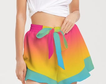 Pansexual Ombre Gradient Women’s Ruffle Shorts – High-Waisted Flowy Shorts | Pan Pride Shorts, Pan Merch, LGBTQ+ Gift, Comfy Summer Wear