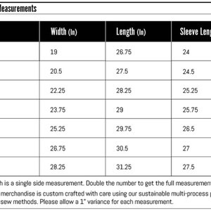 May include: A size chart for clothing with measurements in inches. The chart shows the width, length, and sleeve length for sizes XS to XXXL.