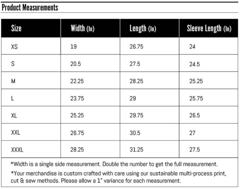 May include: A size chart for clothing with measurements in inches. The chart shows the width, length, and sleeve length for sizes XS to XXXL.