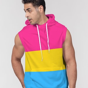 May include: A sleeveless hoodie with a pink, yellow and blue colour scheme. The hoodie has a drawstring hood and a kangaroo pocket.