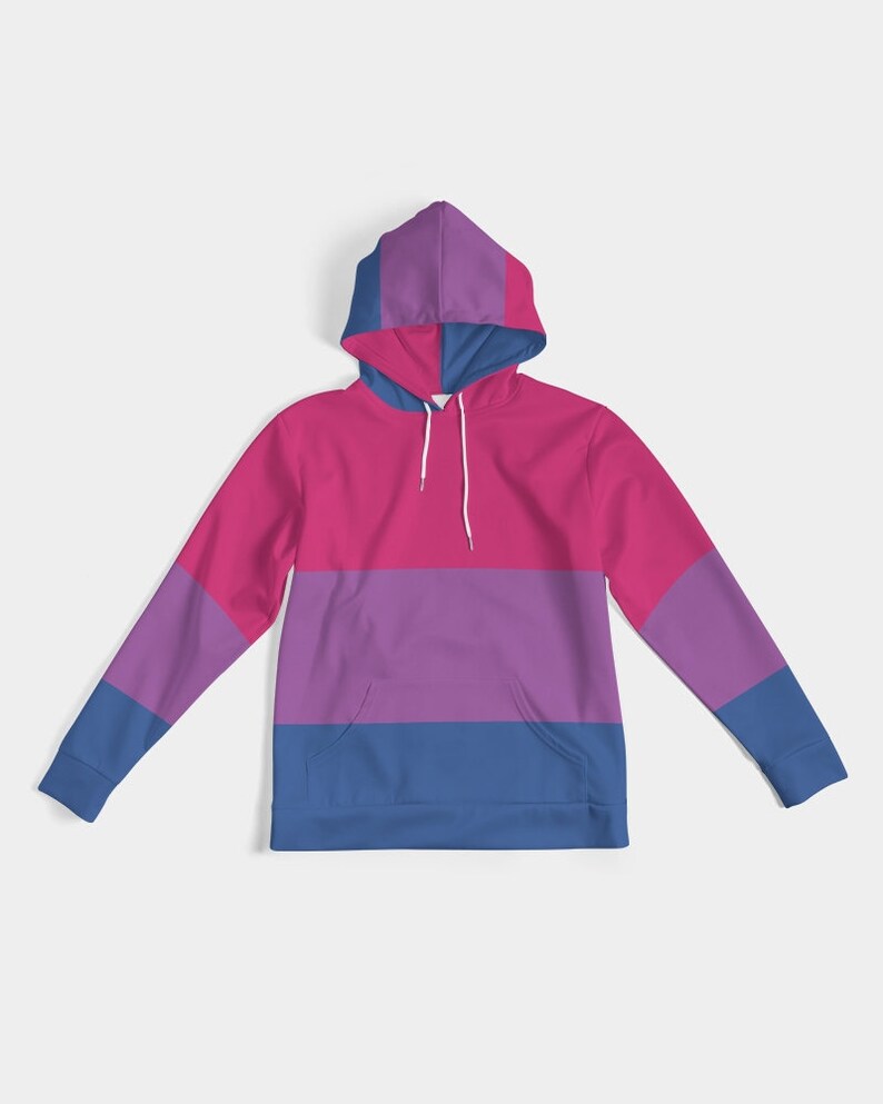 May include: A pink, purple, and blue striped hoodie with a drawstring hood.