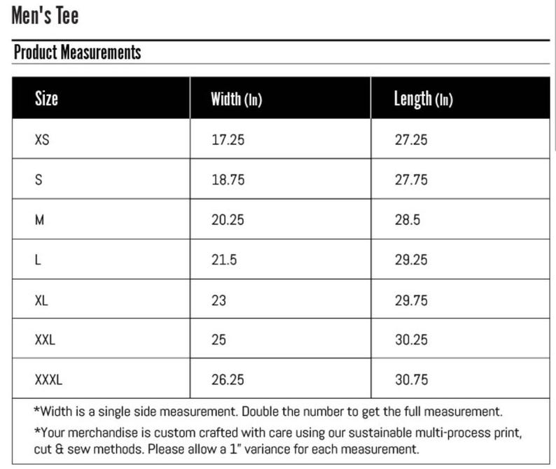 Puede incluir: Una tabla de tallas para una camiseta que muestra el ancho y la longitud en pulgadas para las tallas XS a XXXL.