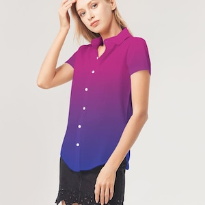 Camisa de manga corta con botones y degradado ombré bisexual: camisa de orgullo LGBTQ+, ropa de orgullo bisexual, camisa con la bandera bisexual, atuendo de orgullo hecho a mano, moda queer