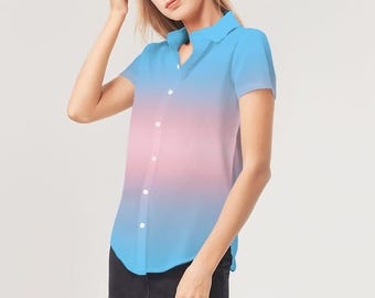 Transgender Ombre Farbverlauf Kurzarm Button-Up - LGBTQ + Pride Shirt | Trans Pride Kleidung, Transgender Shirt, Handgemachtes Pride Outfit