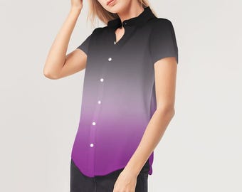 Camisa asexual de manga corta con botones y degradado degradado: camisa de orgullo LGBTQ+, ropa de orgullo asexual, camisa asexual, atuendo de orgullo hecho a mano, moda queer