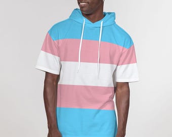 Transgender Flag Premium Heavyweight Short Sleeve Hoodie – Trans Pride Hoodie | LGBTQ+ Streetwear, Trans Sweatshirt, Trans Flag Merch