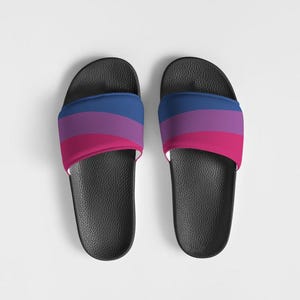 Bisexual Pride Men’s Slide Sandals – Comfy Faux Leather Slip-On | Bi Flag Shoes, LGBTQ+ Gift, Summer Sandals, Casual Footwear