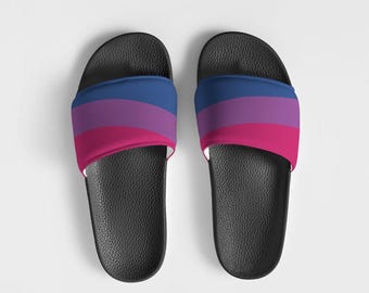 Bisexual Pride Men’s Slide Sandals – Comfy Faux Leather Slip-On | Bi Flag Shoes, LGBTQ+ Gift, Summer Sandals, Casual Footwear