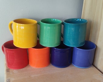 Colorful solid-color mugs in various shades hand-thrown hand painted stoneware pottery