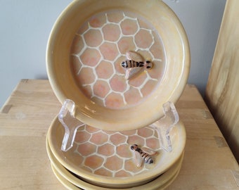 Honeybees and honeycomb Hand-painted 6" pottery side plate, dessert plate, ring holder, spoon rest.