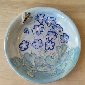 Honeybees and violets Hand-painted 7-1/2&quot; wheel thrown pottery luncheon, dessert plate #2