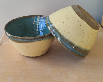 Butter Yellow and Turquoise Speckled Stoneware 5-1/2" x 3" oatmeal/cereal bowl