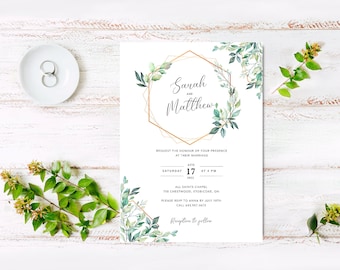 floral wedding Invitation - green and gold Floral Invitation - Custom Wedding Invitation - Digital or Print