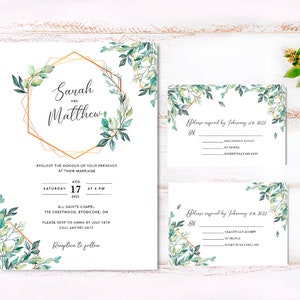 floral wedding Invitation - green and gold Floral Invitation - Custom Wedding Invitation -Invitation and RSVP Digital or Print