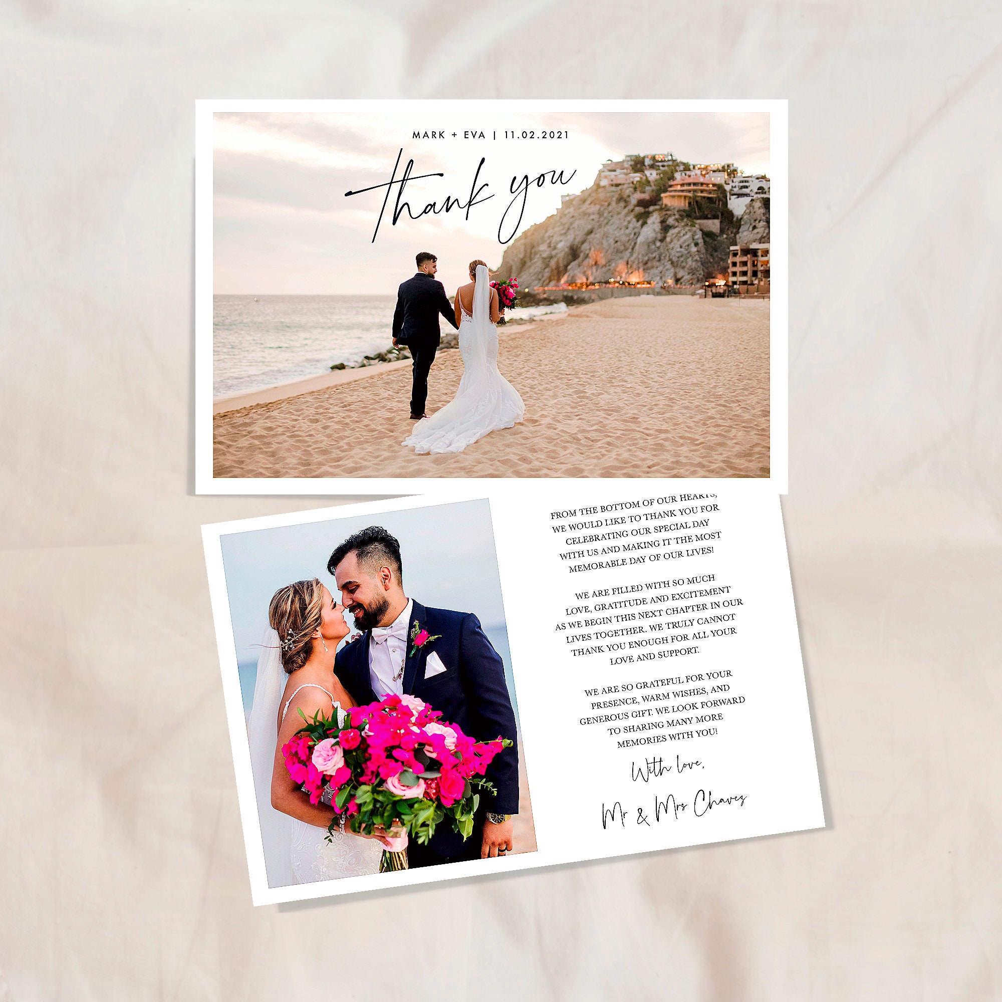 Double Sided Wedding Thank You Card With Photo, Personalised Wedding ...