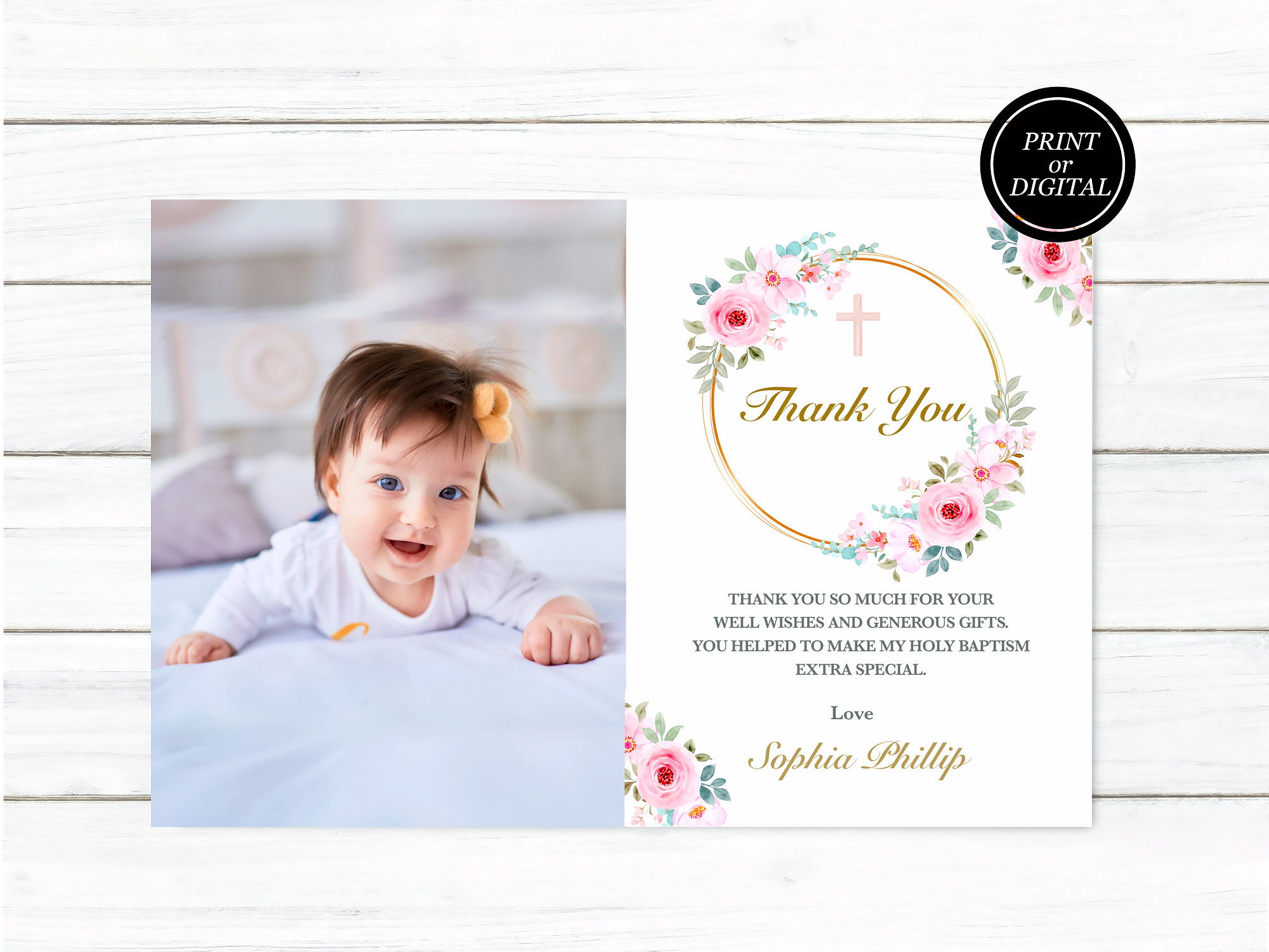Baptism Thank You Card, Floral Baptism Invitation Bundle, Blush Pink