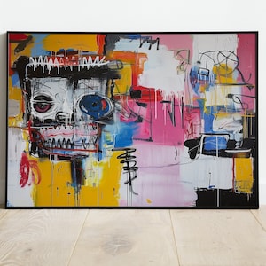 Puede incluir: Pintura abstracta con un estilo expresivo y colorido. La pintura presenta una figura grande y central con una cara de calavera, rodeada de trazos audaces de pintura amarilla, rosa, azul y negra.