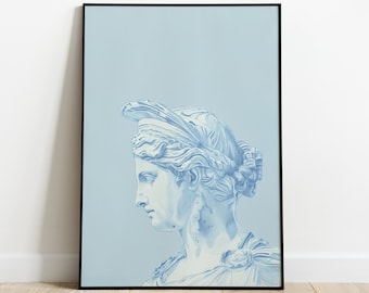 May include: A blue and white illustration of a classical sculpture of a woman's head and shoulders. The sculpture is framed in a black frame.
