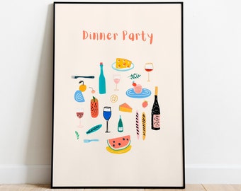 DINNER PARTY PRINT | Printable Wall Art | Digital Download | Kitchen Decor | Minimalist Illustration Wall art