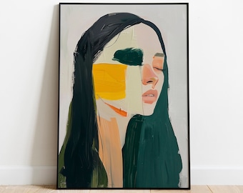 ABSTRACT WOMAN Portrait Painting, Contemporary Oil Painting, Printable Wall Art, Digital Download, Maximalist Decor, Modern Art