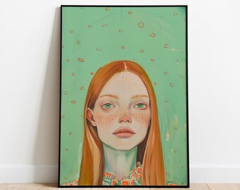 REDHEAD WOMAN Portrait Painting, Contemporary Oil Painting, Printable Wall Art, Digital Download, Maximalist Decor, Modern Art