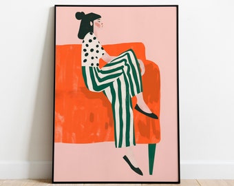 WOMAN ON SOFA Portrait Painting, Contemporary Oil Painting, Printable Wall Art, Digital Download, Maximalist Decor, Modern Art
