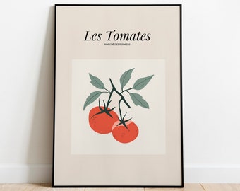 May include: A framed poster with a minimalist design featuring two red tomatoes on a vine with green leaves. The poster has the text "Les Tomates" and "MARCHE DES PREMIERS" in black.