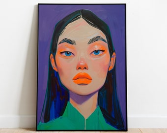 Retrato de mujer de púrpura, pintura al óleo contemporánea, arte de pared imprimible, descarga digital, decoración maximalista, arte moderno