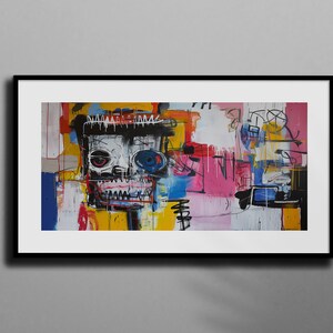 Puede incluir: Pintura abstracta con un estilo colorido y en capas. La pintura presenta una cara similar a un cr&aacute;neo con un ojo rojo y un ojo azul, rodeada de pintura amarilla brillante, rosa, azul y negra. La pintura est&aacute; enmarcada en un marco negro.