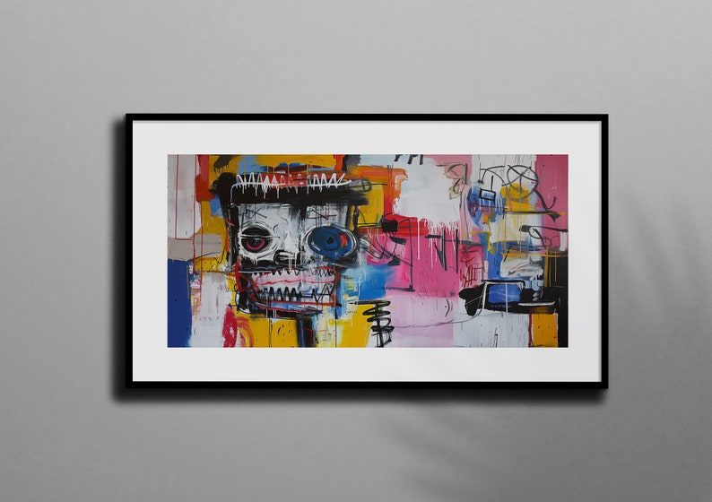 Puede incluir: Pintura abstracta con un estilo colorido y en capas. La pintura presenta una cara similar a un cr&aacute;neo con un ojo rojo y un ojo azul, rodeada de pintura amarilla brillante, rosa, azul y negra. La pintura est&aacute; enmarcada en un marco negro.