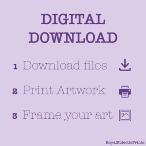 Puede incluir: Texto morado sobre un fondo morado claro que dice "DESCARGA DIGITAL".  Debajo del texto hay tres pasos para usar una descarga digital: 1. Descargar archivos, 2. Imprimir obra de arte, 3. Enmarcar tu arte.  Cada paso tiene un icono correspondiente: una flecha de descarga, una impresora y un marco de imagen.
