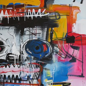 Puede incluir: Pintura abstracta con un estilo expresivo y colorido. La pintura presenta una figura grande y central con un ojo azul, un ojo rosa y una boca ancha y abierta. El fondo es una mezcla de colores brillantes, incluyendo amarillo, rojo, rosa y azul.