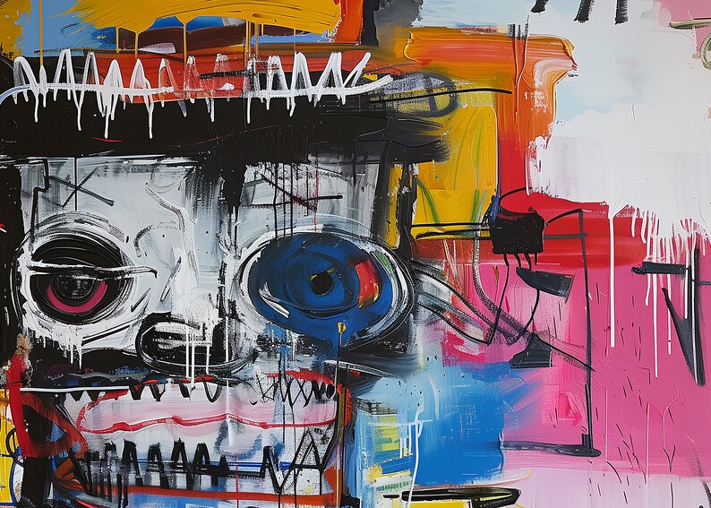 Puede incluir: Pintura abstracta con un estilo expresivo y colorido. La pintura presenta una figura grande y central con un ojo azul, un ojo rosa y una boca ancha y abierta. El fondo es una mezcla de colores brillantes, incluyendo amarillo, rojo, rosa y azul.