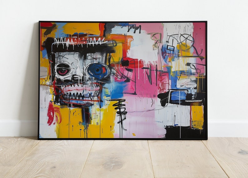 Puede incluir: Pintura abstracta con un estilo expresivo y colorido. La pintura presenta una figura grande y central con una cara de calavera, rodeada de trazos audaces de pintura amarilla, rosa, azul y negra.