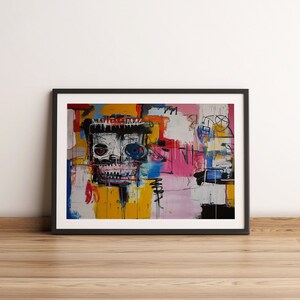 Puede incluir: Pintura abstracta en un marco negro, con un estilo colorido y expresivo. La pintura presenta una cara con forma de cr&aacute;neo con un ojo grande y azul y una boca roja. El fondo es una mezcla de amarillo, rosa, azul y blanco.