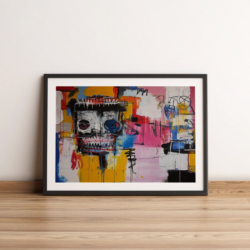 Puede incluir: Pintura abstracta en un marco negro, con un estilo colorido y expresivo. La pintura presenta una cara con forma de cr&aacute;neo con un ojo grande y azul y una boca roja. El fondo es una mezcla de amarillo, rosa, azul y blanco.